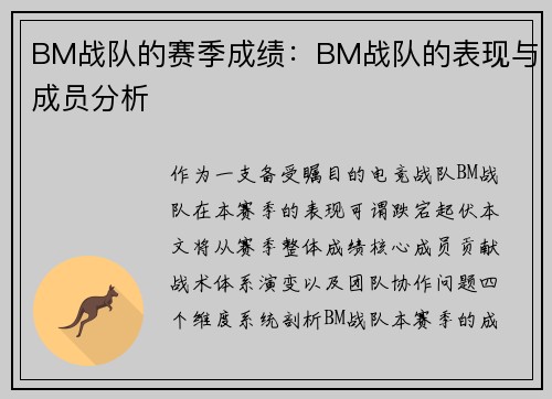 BM战队的赛季成绩：BM战队的表现与成员分析
