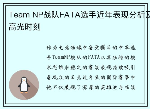 Team NP战队FATA选手近年表现分析及高光时刻