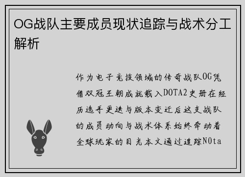 OG战队主要成员现状追踪与战术分工解析